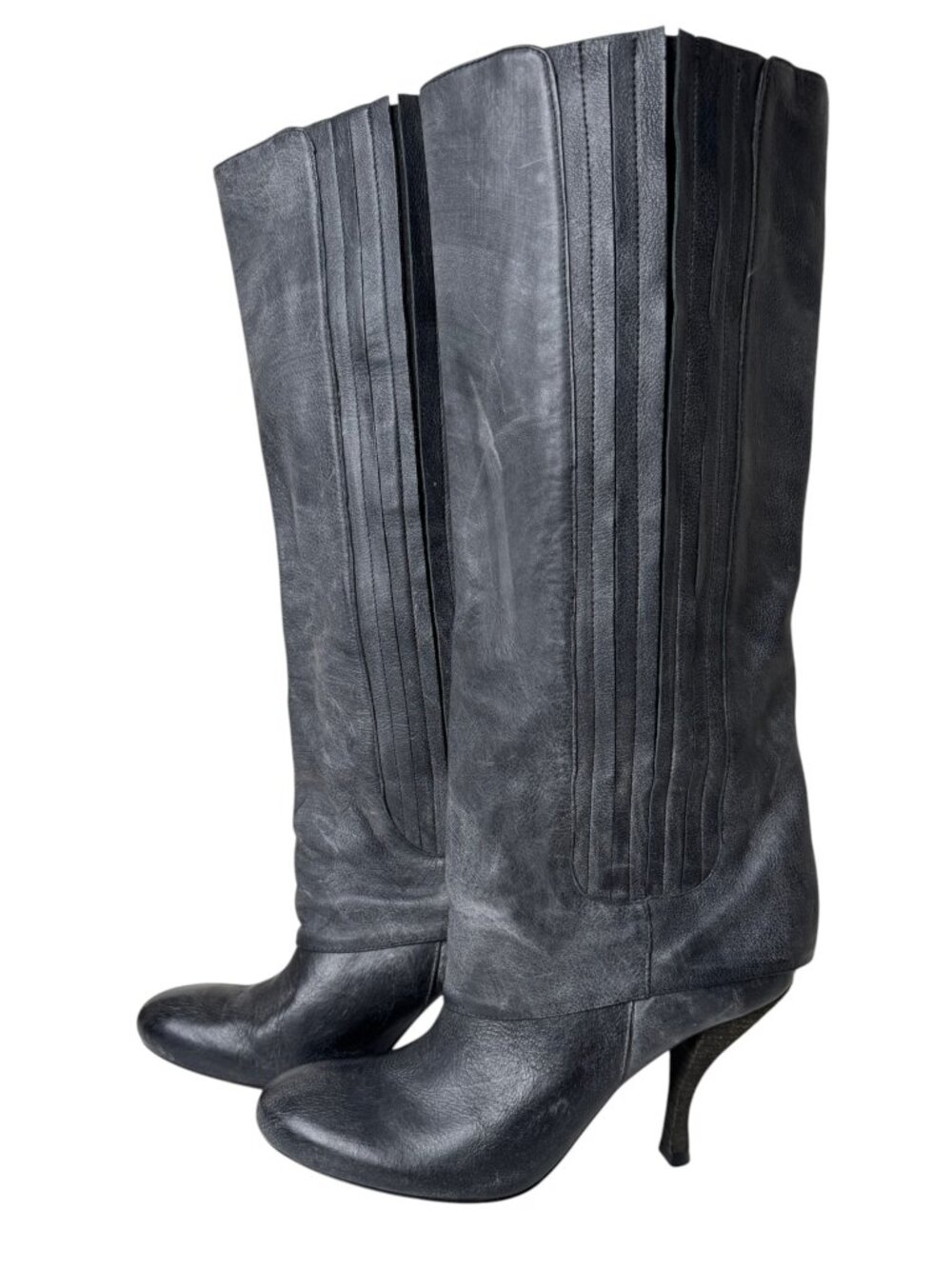 ELIZABETH & JAMES E-MANE DISTRESSED CHARCOAL GREY TALL LEATHER BOOT STILETTO 8